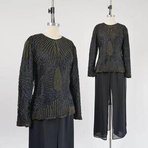 Vintage 80s Black and Gold Beaded Blouse Art Deco Silk Cocktail Evening Top S M